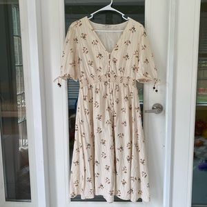 Tie-sleeve smocked-waist button-front midi dress